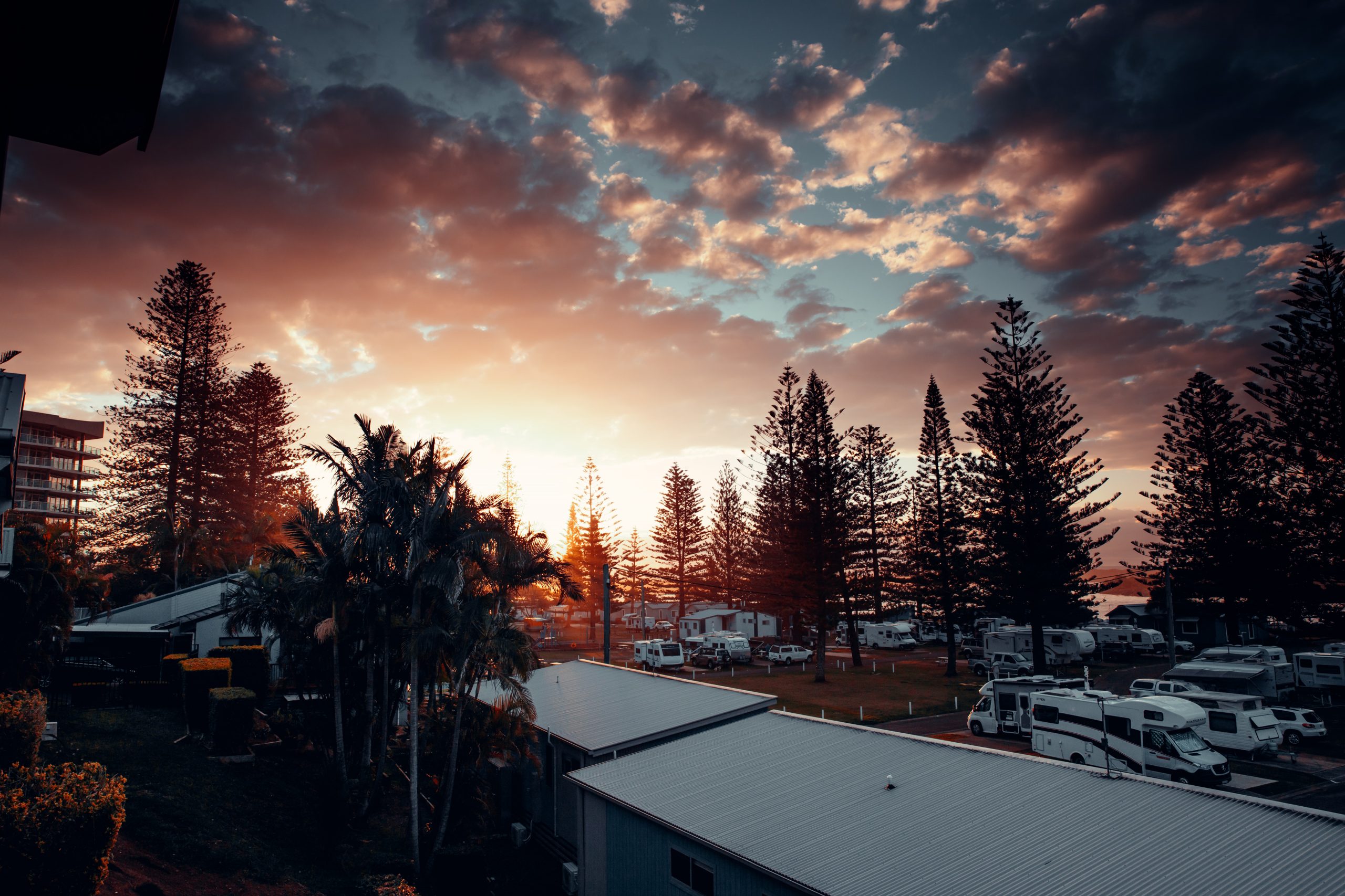 sunset at port Macquarie in a caravan park